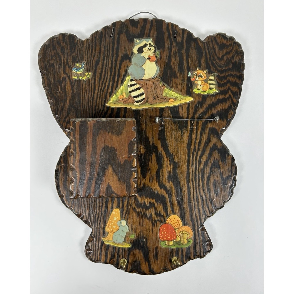 VTG MCM Rustic Wood Wall Mail Holder Key Hooks Mushroom Raccoon Woodland 80s 15"
